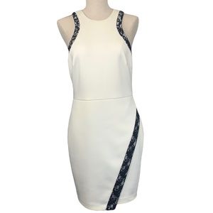 Guess Sheath Dress, Lace Edged, Faux Wrap, Body Con - White/Black, Size 10